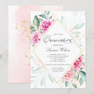 Den ömtåliga blommigten rosa ros Quinceanera Inbjudningar