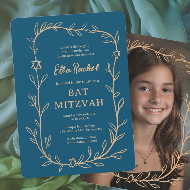 Den ömtåliga botaniska ANPASSNINGSBARNA PHOTO Pub  Inbjudningar (Delicate Botanical CUSTOM PHOTO Bar Bat Mitzvah Girl Modern Invitation
)