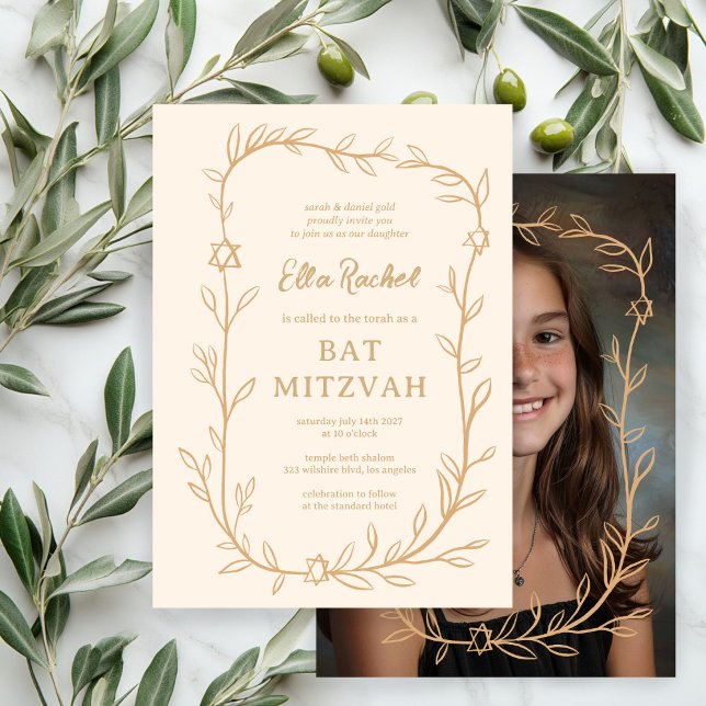 Den ömtåliga botaniska ANPASSNINGSBARNA PHOTO Pub  Inbjudningar (Delicate Botanical CUSTOM PHOTO Bar Bat Mitzvah Invitation
)