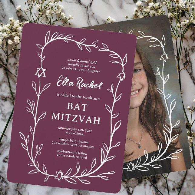Den ömtåliga botaniska ANPASSNINGSBARNA PHOTO Pub  Inbjudningar (Delicate Botanical CUSTOM PHOTO Bar Bat Mitzvah Invitation Purple White Hand Drawn Leafy Trendy
)