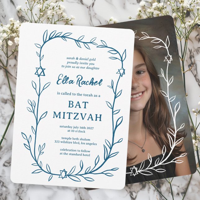 Den ömtåliga botaniska ANPASSNINGSBARNA PHOTO Pub  Inbjudningar (Delicate Botanical Leafy Frame Star of David CUSTOM PHOTO Bar Bat Mitzvah Invitation Elegant Trendy)