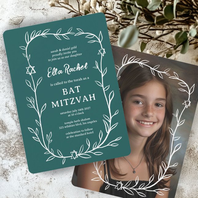 Den ömtåliga botaniska ANPASSNINGSBARNA PHOTO Pub  Inbjudningar (Delicate Botanical CUSTOM PHOTO Bar Bat Mitzvah Invitation
)