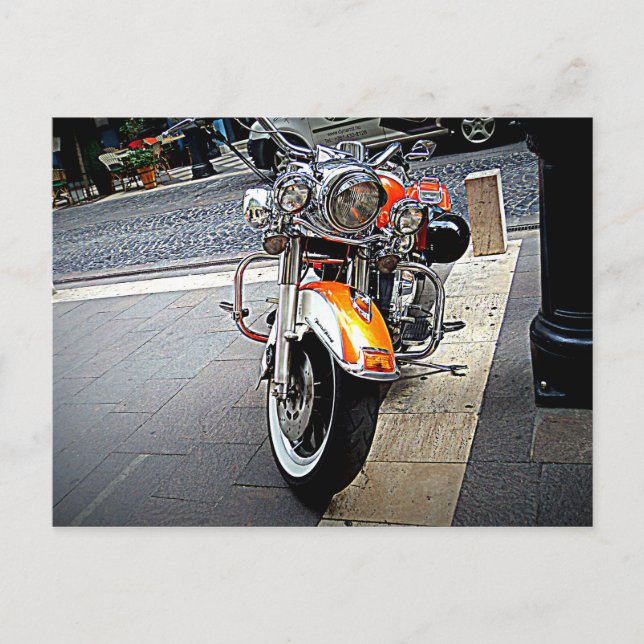 Den orange motorcykeln vykort (Framsida)