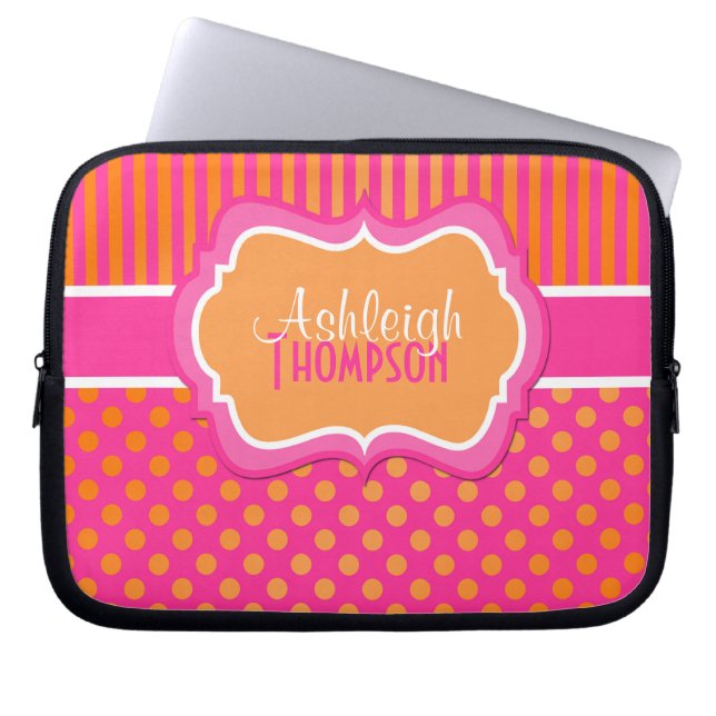 Den orange rosa vitpolkaen pricker randlaptop laptop sleeve (Framsidan)