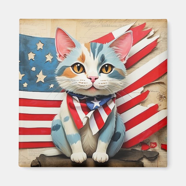 Den patriotiska tecknaden kattunge den 4 juli magnet (Framsidan)