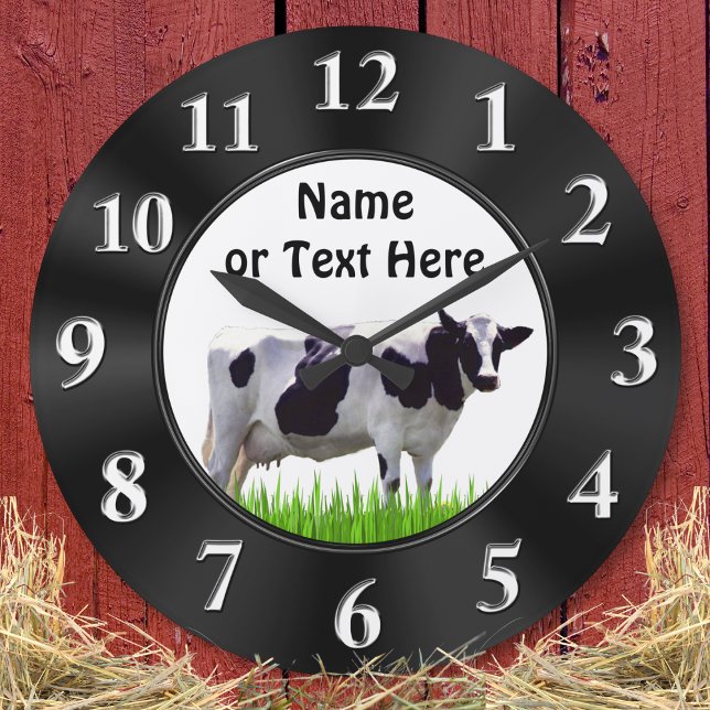 Den personifierade svartvita KON tar tid på Fyrkantig Klocka (Personalized, Cow Wall Clock. Farmhouse kitchen clock. Black and white cow. Farmhouse Decor.)