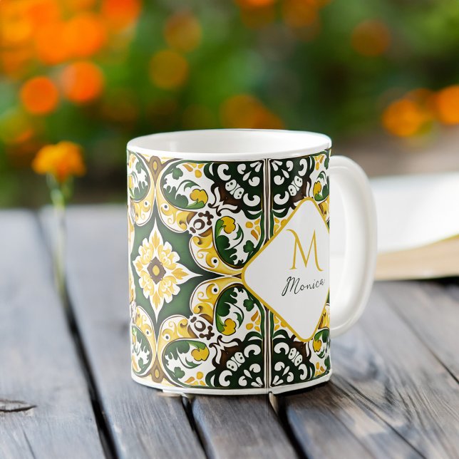 Den portugisiska Medelhavsbrickan mönster Monogram Kaffemugg (Portuguese Mediterranean tile pattern Monogram Coffee Mug personalized gifts bridesmaid gifts favors)