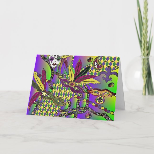 Den Psychedelic Mardi Gras fjädern maskerar Kort (Framsida)
