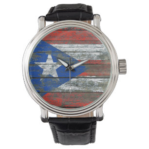 Den Puerto Rican flagga på grovt trä stiger ombo Armbandsur
