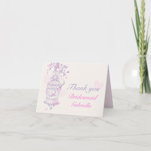 Den purpurfärgade rosa fågelbröllopbrudtärnan tack kort (Framsida)