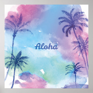 Den purpurfärgade vattenfärgen Hawaii landskap Poster