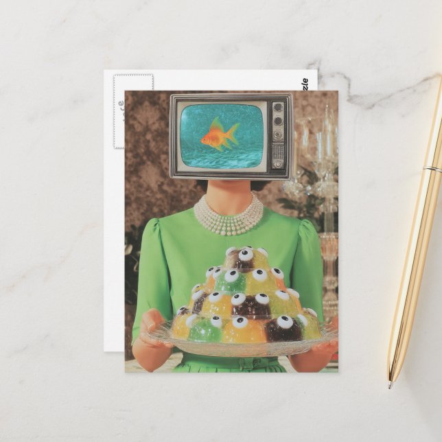 Den retro fisköga-gelédinnerkvinnan vykort (Fram/Back In Situ)