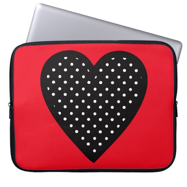 Den Retro svart polkaen pricker hjärta på röd Laptop Sleeve (Framsidan)