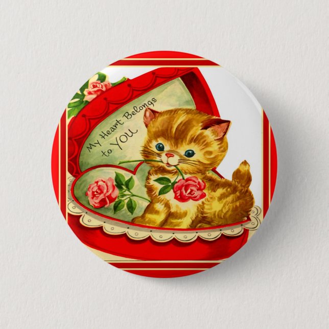 Den Retro valentin~-kattungen i ett hjärtformade Knapp (Framsida)