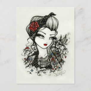 Den Rockabilly tatueringflickan skissar den rosa Vykort