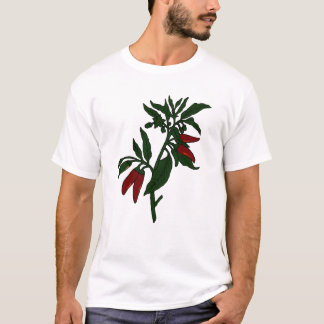 Den röda chilien pepprar på mörk - grön växt t shirt