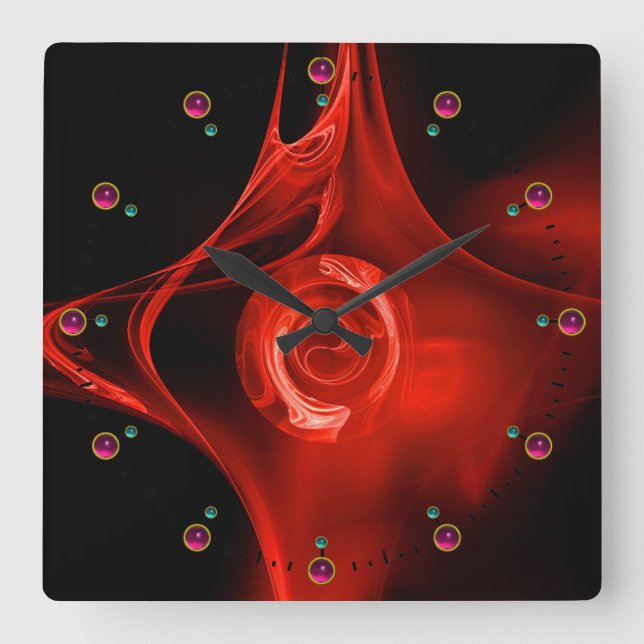 DEN RÖDA FRACTALEN STEG I SVART ROSA FUCHSIA FYRKANTIG KLOCKA (Framsida)