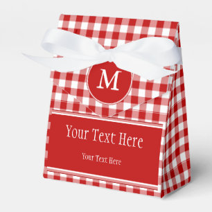 Den röda gingham- & Monogramfavören hänger lös Presentaskar