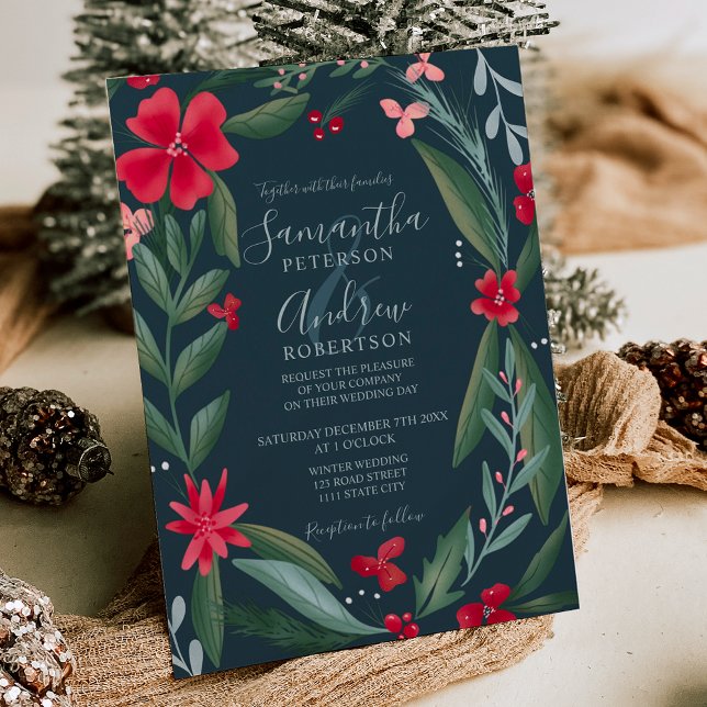 Den röda grönten blommigt utandning mönster bröllo inbjudningar (Red green floral wreath pattern wedding invitation on blue)