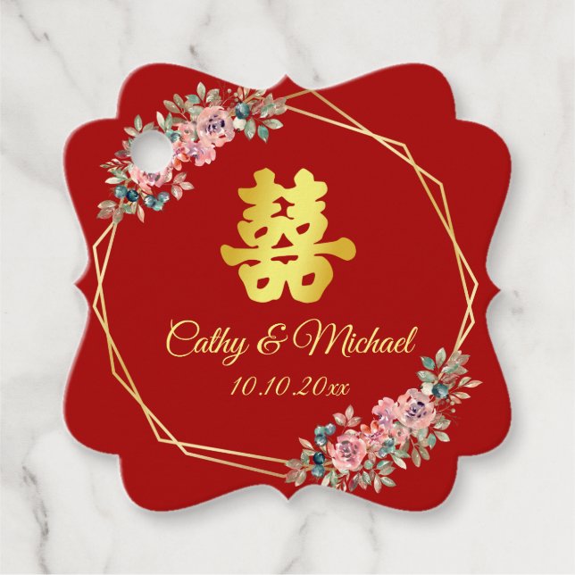 Den röda guld-geometriska blommigten utandning frå gåvor etiketter (Framsida)