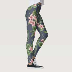 Den röda hibiskusen blommar mörk bakgrundsdamask leggings