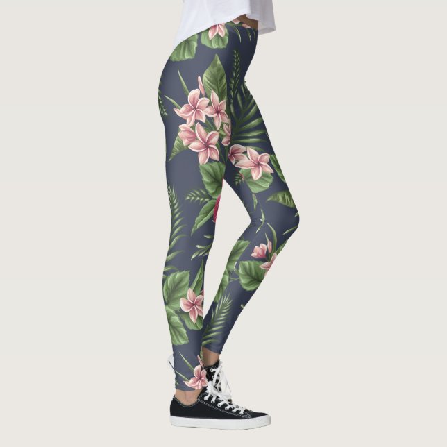Den röda hibiskusen blommar mörk bakgrundsdamasker leggings (Höger)