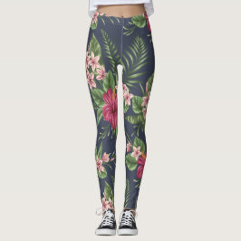 Den röda hibiskusen blommar mörk bakgrundsdamasker leggings