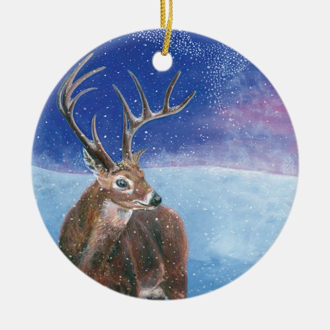 Den röda Hjorten Cervus elaphus och vinterlandskap Julgransprydnad Keramik (Framsidan)