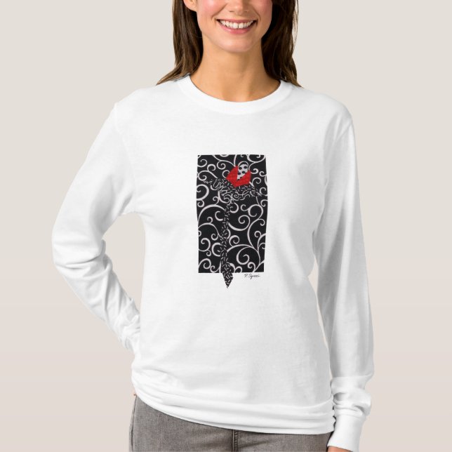 den röda knoppen på svart virvlar runt t shirt (Framsida)