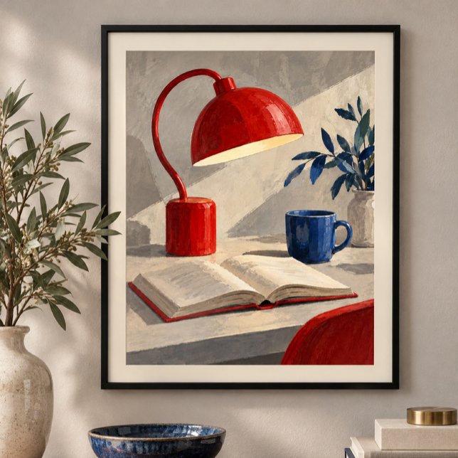 Den röda läslampan konsttryck poster (Styled display of The Red Reading Lamp Art Print. Frame, mat and furnishings shown for illustration; select framing options separately.)