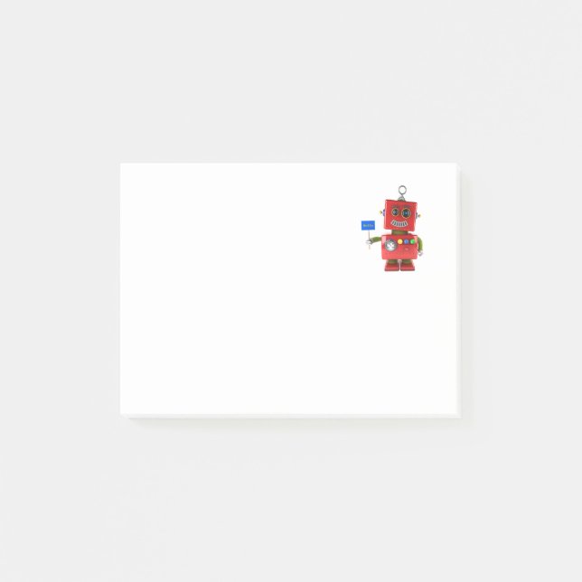 Den röda leksakroboten med hejer undertecknar post-it block (Framsida)