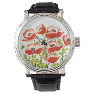 Den röda orientaliska vallmon blommar klockan armbandsur