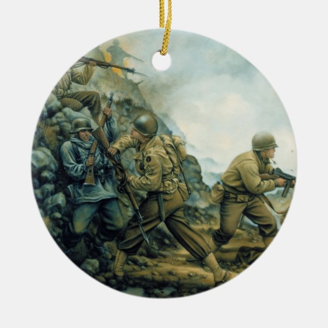 Den röda tjuren i vintern fodrar vid Donna Neary Julgransprydnad Keramik (Framsidan)