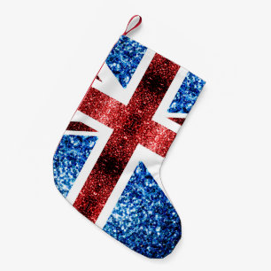 Den röda UK-flagga och blått sparkles glitter Liten Julstrumpa