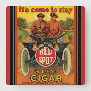 Den röda väggen för fläckcigarrvintage annons fyrkantig klocka