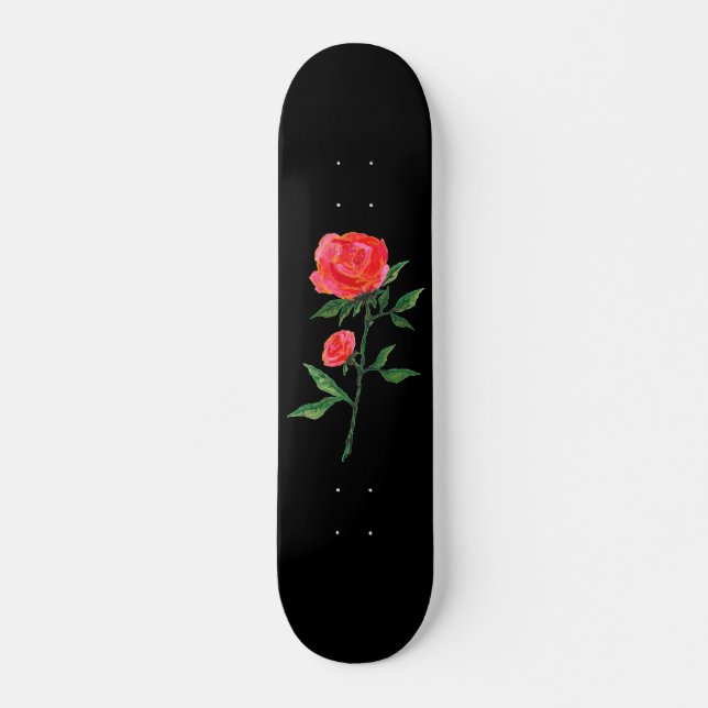 Den röda vattenfärgen steg på svart mini skateboard bräda 18,5 cm (Framsida)