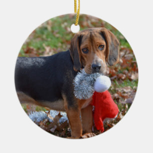 Den roliga Beaglevalpen tog Santas hatt Julgransprydnad Keramik
