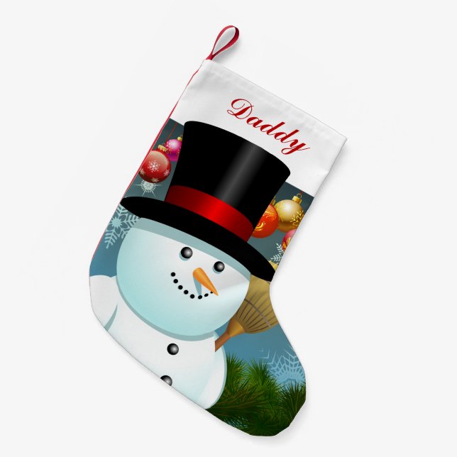 Den roliga snögubbepappan med svart klädde med liten julstrumpa (Framsidan (Hängande))