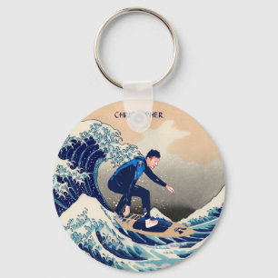Den roliga surfaren som surfar på den Hokusai Nyckelring