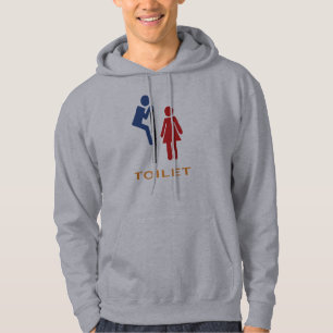 Den roliga toaletten undertecknar med manen som sweatshirt