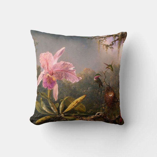 Den rosa orchiden och tre Hummingbirds kudder Kudde (Framsida)