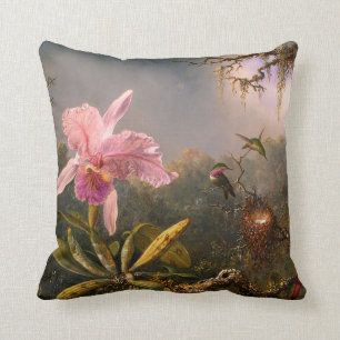 Den rosa orchiden och tre Hummingbirds kudder Kudde