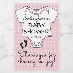 Den rosa polkaen pricker baby showergästfavör mat etikett