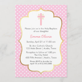 Den rosa polkaen pricker dop med kor och den guld- inbjudningar