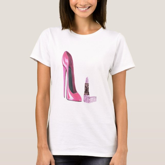 Den rosa stiletten skor och läppstiftkonst t shirt (Framsida)