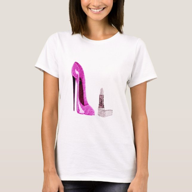 Den rosa stiletten skor och läppstiftkonst tee shirt (Framsida)