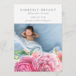 Den rosa vattenfärgen blommar fotoflickafödelse meddelande