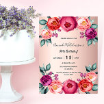 Den  rosan ro vid födelsedag blommigt vykort<br><div class="desc">Ett inbjudningskort för elegant för en 50:e (eller någon ålder) födelsedagsfest. Med contemporary rosa, lila och färgad vid ro, vattenfärgade blommor, blommigtar som guld. En övertoningsbakgrund för chic ro guld. Namn är skrivet med stil-skript i svart skrift. Bakåt: Bakgrunden till ro guld och en klassisk vykortsdesign. Tips! Om du inte...</div>