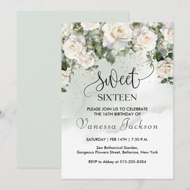 Den  rosan vid blommigten ro guld sweet sixteen inbjudningar (Fram/baksida)