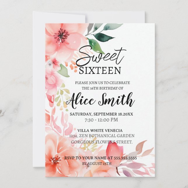 Den  rosan vid blommigten ro guld sweet sixteen inbjudningar (Framsida)